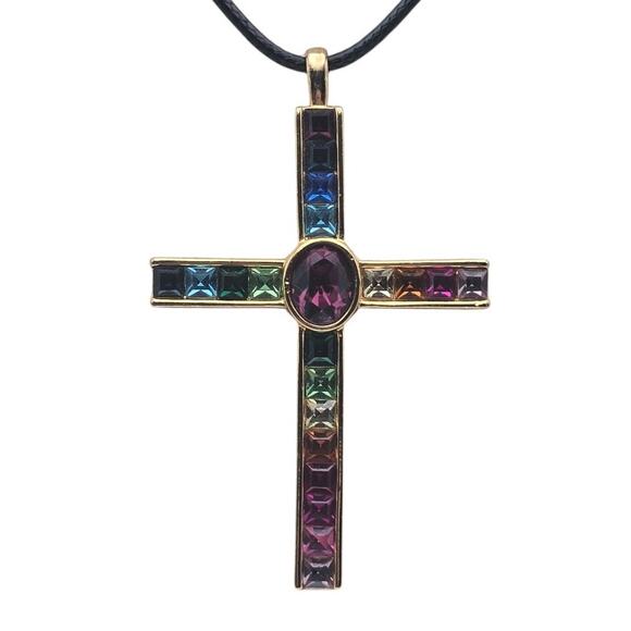 Vintage Rainbow Rhinestone Cross with Rhinestones Vintage Pendant Necklace - Picture 4 of 5